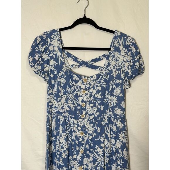 Springfield Women's Linen Blend Blue Floral Front Button Midi Sun Dress Size 8 - Picture 2 of 5